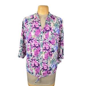 Elementz Woman Plus Size 2X Floral Blouse Button Up Top Romantic Boho Artsy Chic